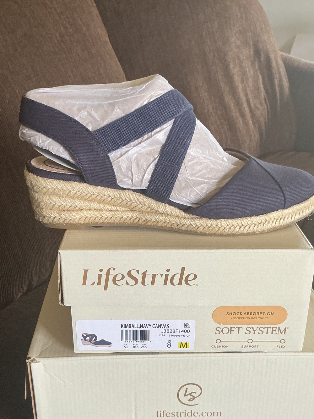 Life Stride Navy Canvas Espadrille Wedge Sandals NIB 8M